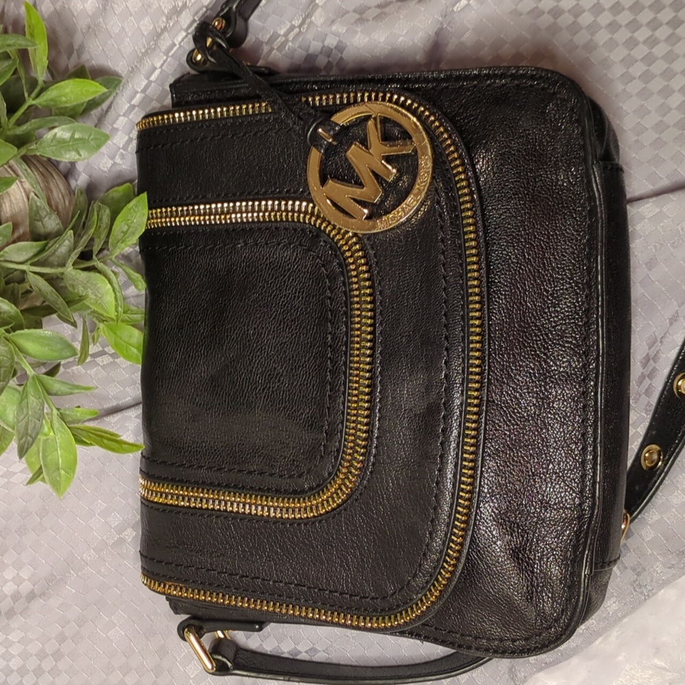 Michael Kors Black Leather Crossbody Bag with Gold Hardware
